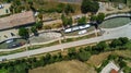 Aerial top view of Fonserannes locks on canal du Midi from above, unesco heritage landmark, France