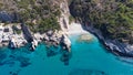 Aerial top view footage of crystal clear water beach in Samos Royalty Free Stock Photo