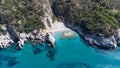 Aerial top view footage of crystal clear water beach in Samos Royalty Free Stock Photo