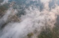 Aerial top view of forest trees and green mountain hills with fog, mist and clouds. Nature landscape background, Thailand Royalty Free Stock Photo