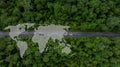 Aerial top view of green electric vehicle car driving over straight forest road, EV car electric vihicle car on forest road with