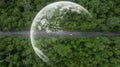 Aerial top view of green electric vehicle car driving over straight forest road, EV car electric vihicle car on forest road with