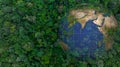 Aerial top view of green forest tree and global globe, Tropical rain forest tree ecosystem and healthy environment, Texture and Royalty Free Stock Photo