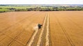 Aerial top view harvester machine working in fields