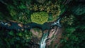 Aerial top view of healthy green mountain with waterfall and river, surface of mountain, greenery scene, fresh air and environment