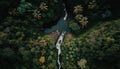 Aerial top view of healthy green mountain with waterfall and river, surface of mountain, greenery scene, fresh air and environment