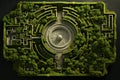 Aerial top view of hedge maze, green garden made as labyrinth of trimmed bushes. Geometric pattern of plants in summer park.