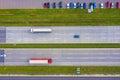 Aerial top view of highway automobile traffic of many cars, transportation concept