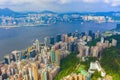 Aerial top view of Hong Kong Downtown, republic of china. Financial district and business centers in smart urban city in Asia. Royalty Free Stock Photo