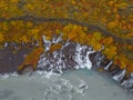 Aerial top view of Hraunfossar waterfall in autumn fall season in Iceland. Famous nature landscape background Royalty Free Stock Photo