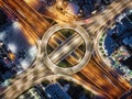 Aerial top view of a illuminated multilevel junction ring road as seen in Attiki Odos, Athens Royalty Free Stock Photo