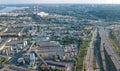 Aerial top view of industrial park zone from above, factory chimneys and warehouses, industry district in Kiev, Ukraine