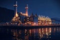 Aerial top view industry petroleum station with beautiful sky background, gas and oil refinery tank for process, Manufacturing of Royalty Free Stock Photo