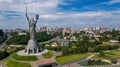 Aerial top view of Kiev Motherland statue monument on hills from above and cityscape, Kyiv, Ukraine