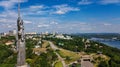 Aerial top view of Kiev Motherland statue monument on hills from above and cityscape, Kyiv, Ukraine