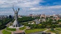 Aerial top view of Kiev Motherland statue monument on hills from above and cityscape, Kyiv, Ukraine