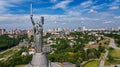 Aerial top view of Kiev Motherland statue monument on hills from above and cityscape, Kyiv, Ukraine Royalty Free Stock Photo