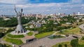 Aerial top view of Kiev Motherland statue monument on hills from above and cityscape, Kyiv, Ukraine Royalty Free Stock Photo