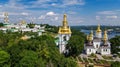 Aerial top view of Kiev Pechersk Lavra churches on hills from above, cityscape of Kyiv, Ukraine Royalty Free Stock Photo