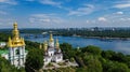 Aerial top view of Kiev Pechersk Lavra churches on hills from above, cityscape of Kyiv, Ukraine Royalty Free Stock Photo