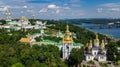 Aerial top view of Kiev Pechersk Lavra churches on hills from above, cityscape of Kyiv, Ukraine Royalty Free Stock Photo