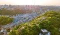 Aerial top view of Kyiv cityscape of Vozdvizhenka and Podol historical districts on sunset from above, city of Kiev Royalty Free Stock Photo