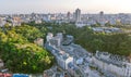 Aerial top view of Kyiv cityscape of Vozdvizhenka and Podol historical districts on sunset from above, city of Kiev Royalty Free Stock Photo