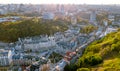 Aerial top view of Kyiv cityscape of Vozdvizhenka and Podol historical districts on sunset from above, Kiev, Ukraine Royalty Free Stock Photo