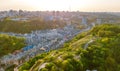 Aerial top view of Kyiv cityscape of Vozdvizhenka and Podol historical districts on sunset from above, Kiev, Ukraine Royalty Free Stock Photo