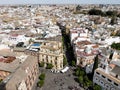 Aerial top view from La Giralda bell tower to the historic Seville city center in Cathedral of Seville, Andalusia, Southern Spain Royalty Free Stock Photo