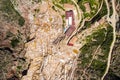 Aerial top view of landscape of the salt terraces of Maras Salineras de Maras