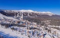 Aerial top view landscape Sheregesh ski lift resort winter, mountain and hotels, Russia Kemerovo region Royalty Free Stock Photo