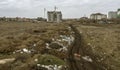 Aerial top view of a large pile of garbage. Pile of garbage on an illegal elemental garbage dump or on landfill, Many household