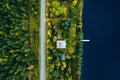 Aerial top view of log cabin  or cottage with road in spring forest by the lake in Finland Royalty Free Stock Photo