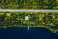 Aerial top view of log cabin or cottage with road in spring forest by the lake in Finland Royalty Free Stock Photo