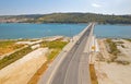 Aerial top view of a long bridge above a sea, island Ciovo in Croatia Royalty Free Stock Photo