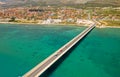 Aerial top view of a long bridge above a sea, island Ciovo in Croatia