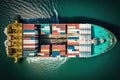 Aerial top view of maritime container ship or freight delivering cargo. Generative AI