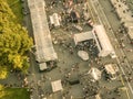 Aerial top view of massive people crowd in city