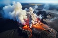 Aerial top view of a massive volcano eruption.