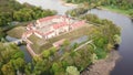 Aerial top view of Medieval castle in Nesvizh. Niasvizh ancient town