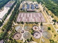 Aerial top view of modern urban sewage or wastewater treatment plant of city, drone photo Royalty Free Stock Photo