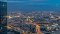 Aerial top view of Moscow city day to night timelapse after sunset. Form from the observation platform of the business Royalty Free Stock Photo