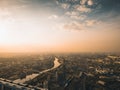Aerial top view of Moscow city panorama at sunset, river and bridges, roads and buildings in evening myst Royalty Free Stock Photo