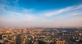 Aerial top view of Moscow city panorama at sunset, river and bridges, roads and buildings in evening myst Royalty Free Stock Photo