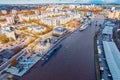 Aerial top view museum of world ocean city Kaliningrad Russia, ships and submarine summer blue sky