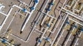 Aerial top view natural gas pipeline, gas industry, gas transport system, stop valves and appliances for gas pumping station. Royalty Free Stock Photo