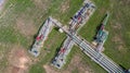 Aerial top view natural gas pipeline, gas industry, gas transport system, stop valves and appliances for gas pumping station Royalty Free Stock Photo