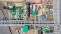 Aerial top view natural gas pipeline, gas industry, gas transport system, stop valves and appliances for gas pumping station