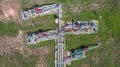 Aerial top view natural gas pipeline, gas industry, gas transport system, stop valves and appliances for gas pumping station Royalty Free Stock Photo